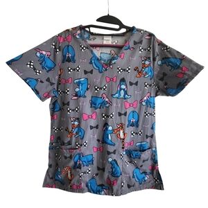 Disney Scrub V Neck Top Womens S Gray Eeyore Tigger Piglet